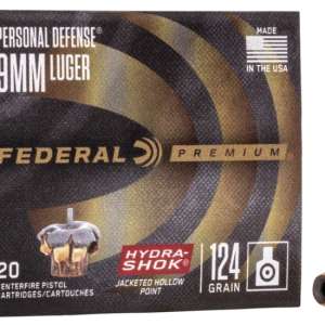 Federal Premium 9mm Luger 124 grain Hydra-Shok Jacketed Hollow Point (JHP) Brass Casing Centerfire Pistol Ammunition  500 RDS