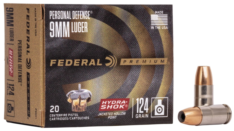 Federal Premium 9mm Luger 124 grain Hydra-Shok Jacketed Hollow Point (JHP) Brass Casing Centerfire Pistol Ammunition 500 RDS