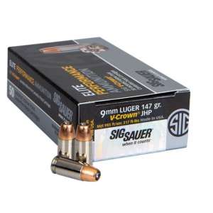 Sig Sauer Elite V-Crown 9mm Luger 147 grain Jacketed Hollow Point (JHP) Brass Casing Centerfire Pistol Ammunition